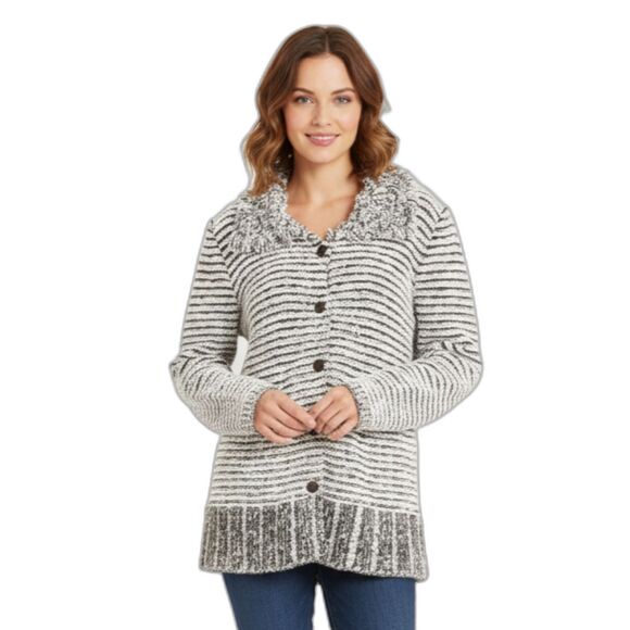 SIDEFFECTS VTG 80's Shaggy Striped Loop Knit Cardigan Sweater Retro S Cozy - Picture 1 of 12